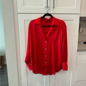 Zara Red Silky Button Up Top